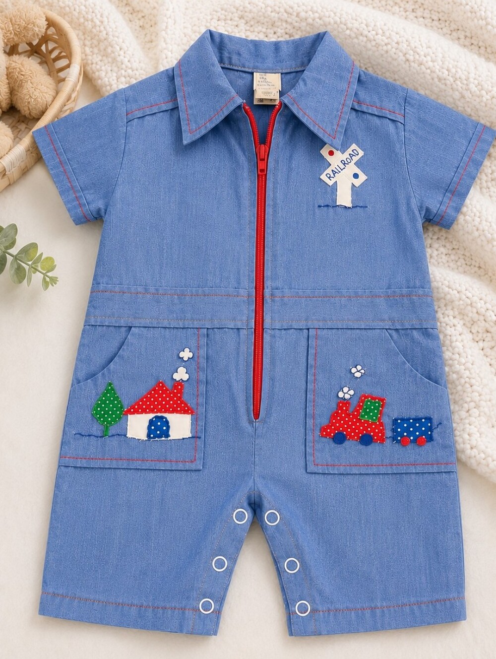 Vintage 70s 80s Baby Togs Railroad Train Romper 0-3M Retro Baby Boy